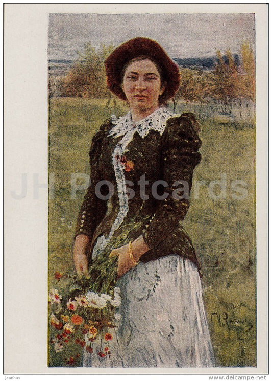 painting by I. Repin - Autumn Bouquet , 1892 - woman - Russian art - 1958 - Russia USSR - unused - JH Postcards