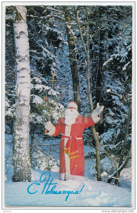 New Year greeting card - Santa Claus - Ded Moroz - forest - 1979 - Russia USSR - used - JH Postcards