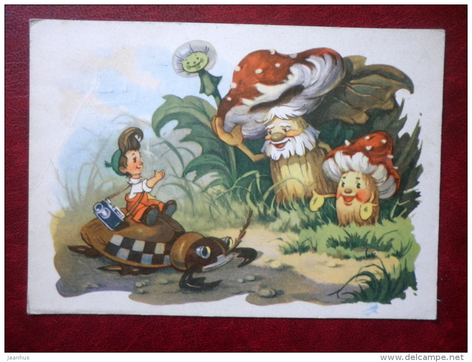 adventures of Murzilka - by I. Znameski - mushrooms - scarabeus - russian cartoon - 1962 - Russia USSR - used - JH Postcards
