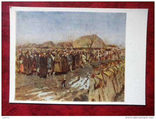 Painting by S. V. Ivanov - riot in the village, 1889 - soldiers - russian art - unused - JH Postcards