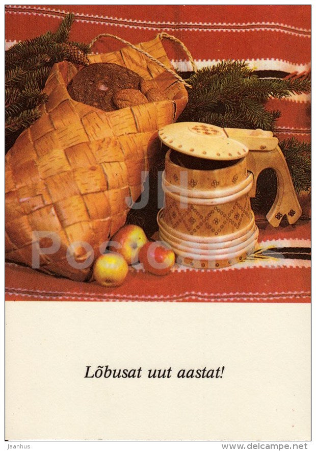 New Year Greeting card - 1 - Birch bark bag - beer mug - apples - 1985 - Estonia USSR - used - JH Postcards