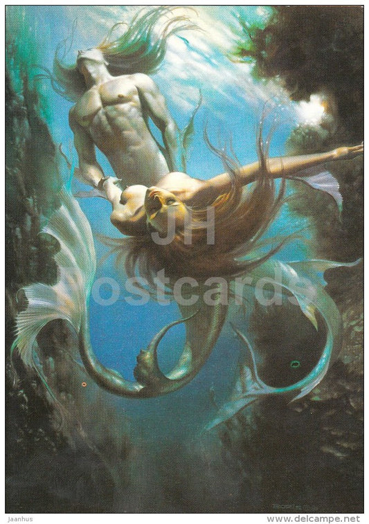 painting by Boris Vallejo - Mermaid - nude woman - naked - Peruvian art - Russia USSR - unused - JH Postcards