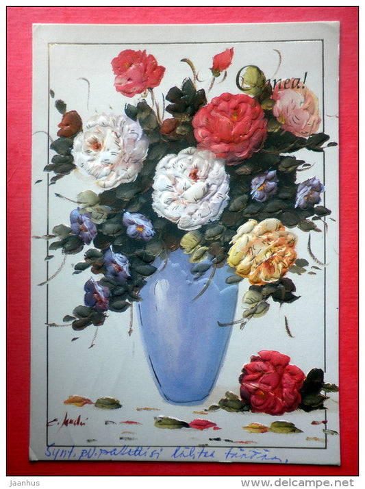 Greeting Card - Vase - flowers - peony - EUROPA CEPT - 6072/2 -  Finland - sent from Finland to USSR Estonia 1988 - JH Postcards