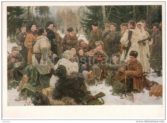 painting by Y. Neprintsev - 1 - Rest after Battle , 1951 - soldiers - PPSH - automatic gun - russian art - unused - JH Postcards