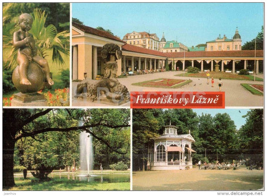 Frantiska statue - spa bath - music pavilion - Frantiskovy Lazne - Czechoslovakia - Czech - used 1989 - JH Postcards