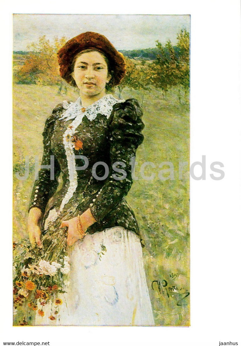 painting by Ilya Repin - Autumn Bouquet. Portrait of Vera Repina - Russian art - 1985 - Russia USSR - unused - JH Postcards