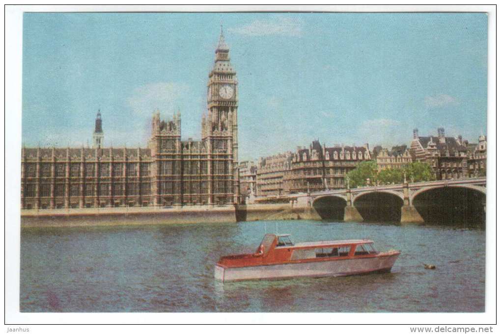 The Houses of Parliament and the Thames river - motorboat - London - 1968 - United Kingdom England - unused - JH Postcards