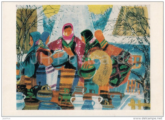 painting by Y. Stashko - At the Market , 1972 - clay vessels - Ukrainian art - Russia USSR - 1977 - unused - JH Postcards