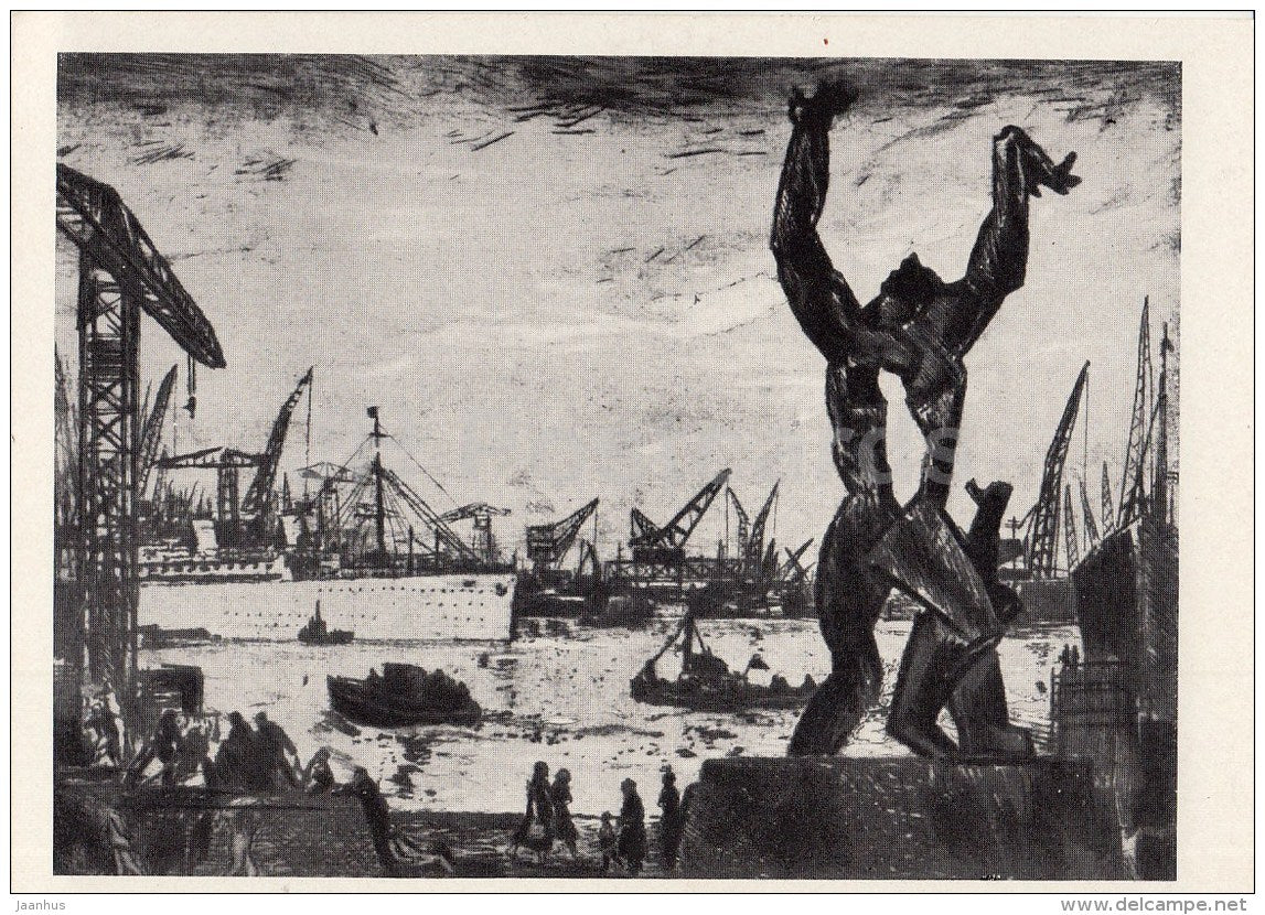 painting by E. Okas - Port of Rotterdam , 1958 - ship - Estonian Art - 1966 - Russia USSR - unused - JH Postcards