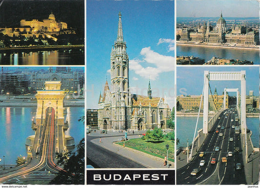 Budapest - architecture - parliament - bridge - cathedral - castle hill - multiview - 1979 - Hungary - used - JH Postcards