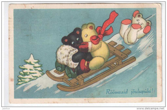 christmas greeting card - sledge - bear - old postcard - circulated in Estonia  1937 , Tallinn - used - JH Postcards