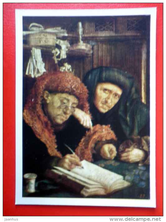 painting by Marinus van Reymerswaele . Moneychangers - dutch art - unused - JH Postcards