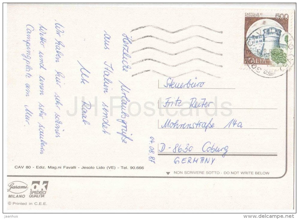 Cavallino Lido - Venezia - Veneto - CAV 80 - Italia - Italy - sent from Italy to Germany 1987 - JH Postcards