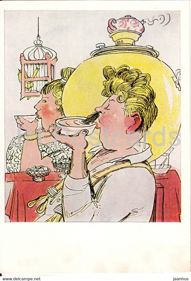 illustration by A. Kanevsky - About Rubbish by Mayakovsky - samovar - drinking tea - 1969 - Russia USSR - unused - JH Postcards