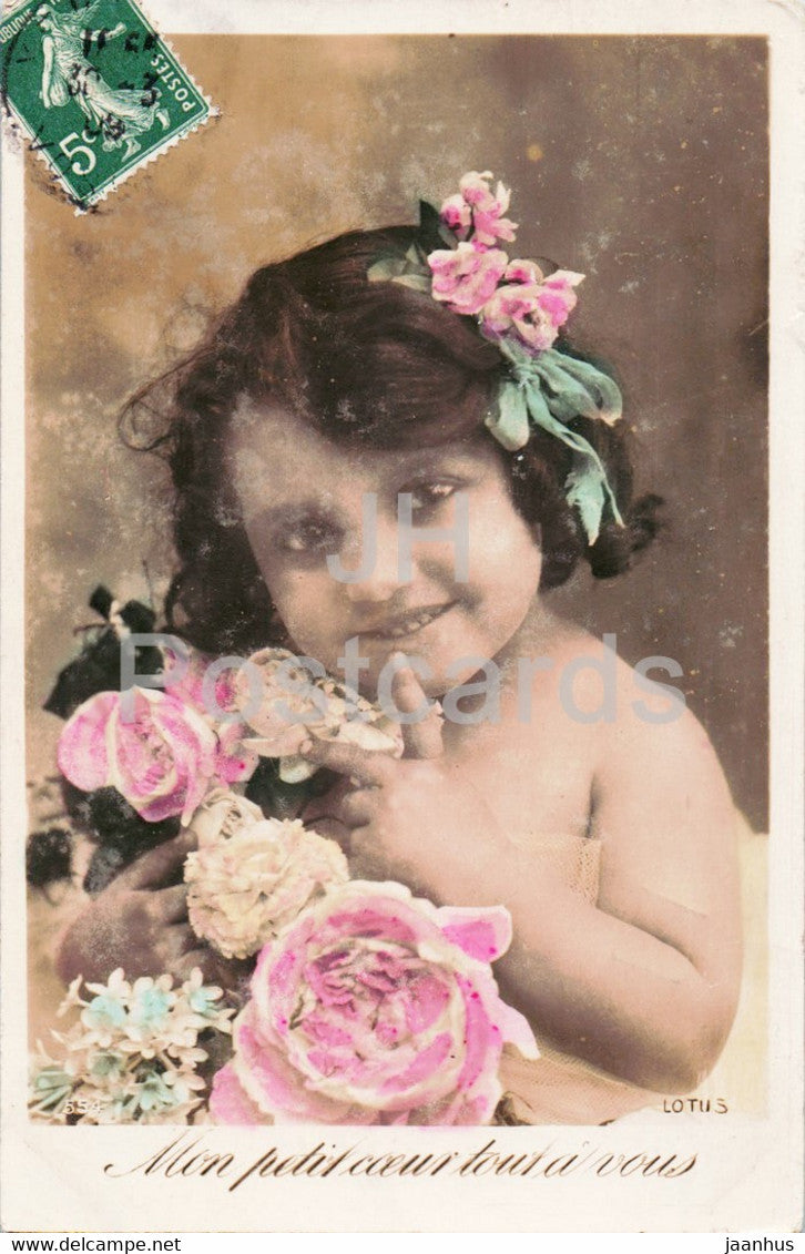Greeting Card - Mon petit coeur tout a vous - girl - LOTUS - 554 - old postcard - 1909 - France - used - JH Postcards