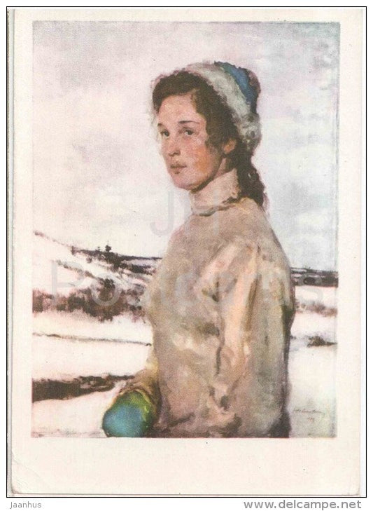 painting by S. Nevelstein - Skier - skiing - woman - russian art - unused - JH Postcards