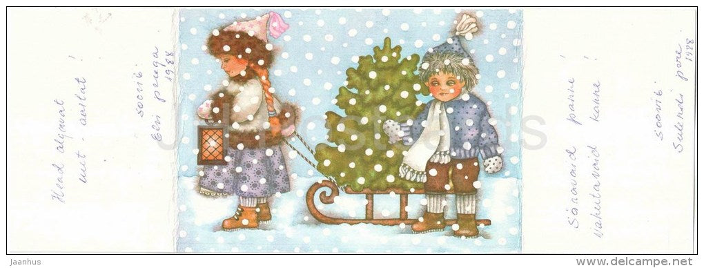 New Year Greeting card by V. Noor - 1 - sledge - christmas tree - lamp - 1988 - Estonia USSR - used - JH Postcards