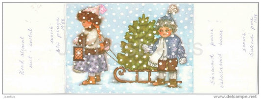 New Year Greeting card by V. Noor - 1 - sledge - christmas tree - lamp - 1988 - Estonia USSR - used - JH Postcards