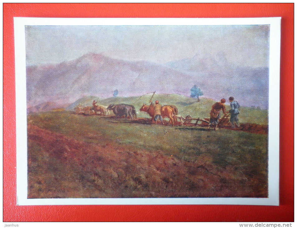 painting by A. Akopyan . Plowing on the slopes of Mount Aragats - bulls - armenian art - unused - JH Postcards