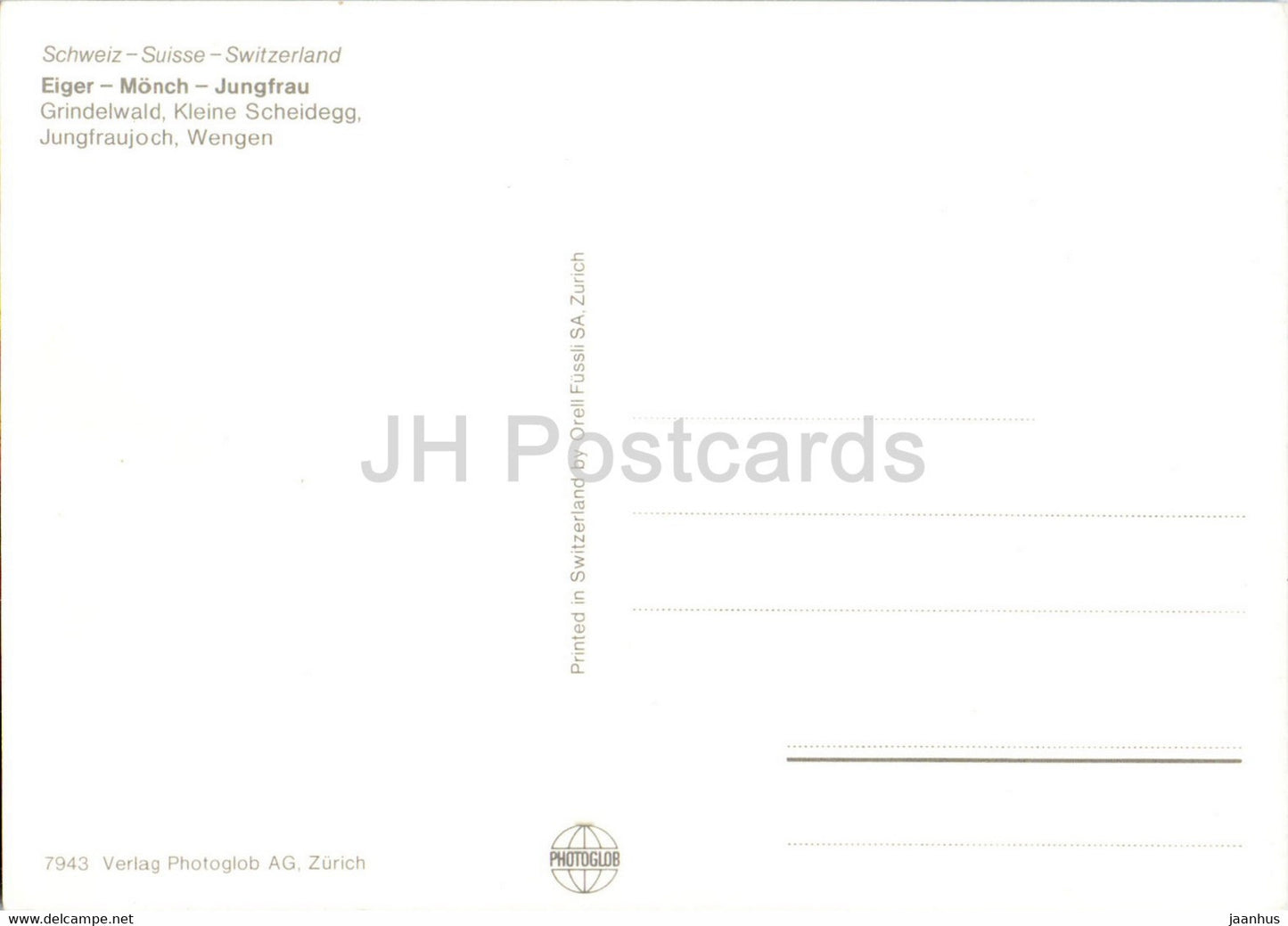 Berner Oberland - Eiger Monch Jungfrau - Grindelwald - Kleine Scheidegg - Jungfraujoch - Switzerland - unused