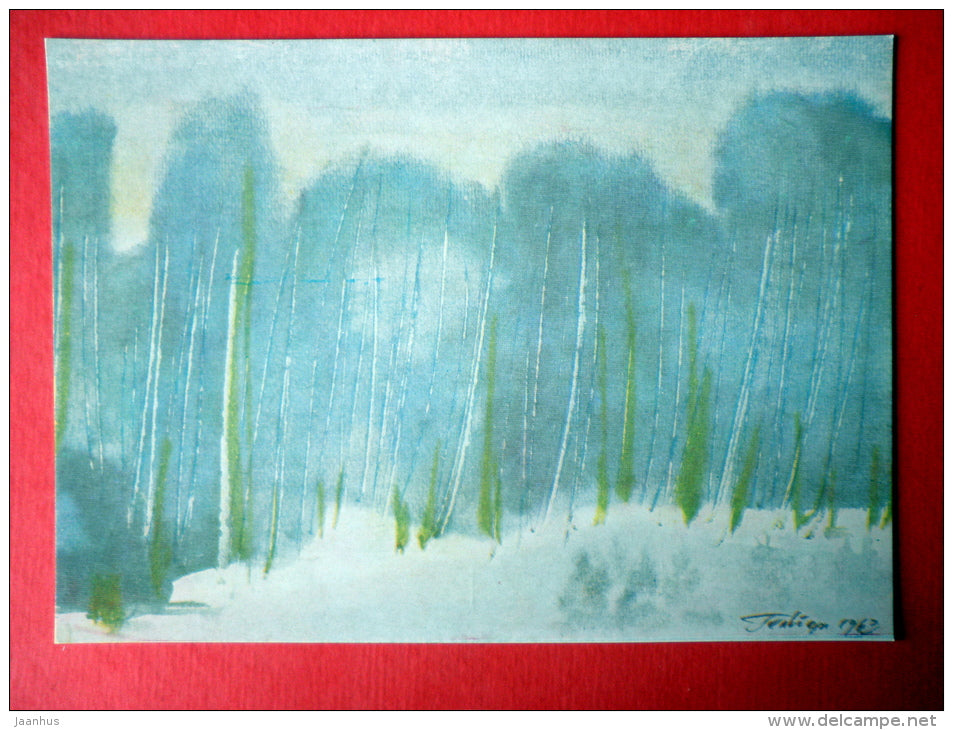 painting by S. Gelbergs - Winter . 1963 - forest - aquarelle - latvian art - unused - JH Postcards