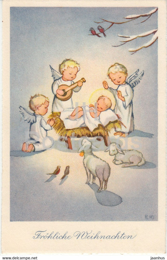 Christmas Greeting Card - Frohliche Weihnachten - angels - old postcard - 1950 - Germany - used - JH Postcards