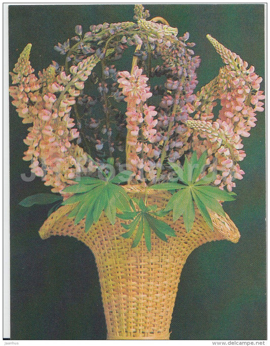 mini Birthday greeting card - lupine - flowers - basket - 1989 - Russia USSR - unused - JH Postcards