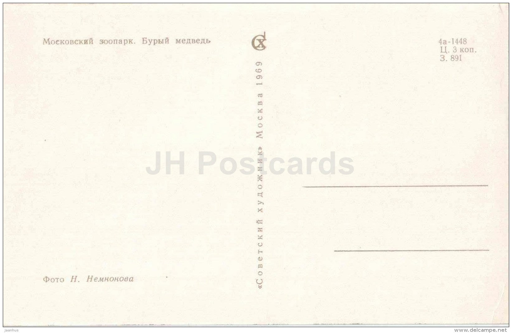 Brown Bear - Ursus arctos - Moscow Zoo - 1969 - Russia USSR - unused - JH Postcards