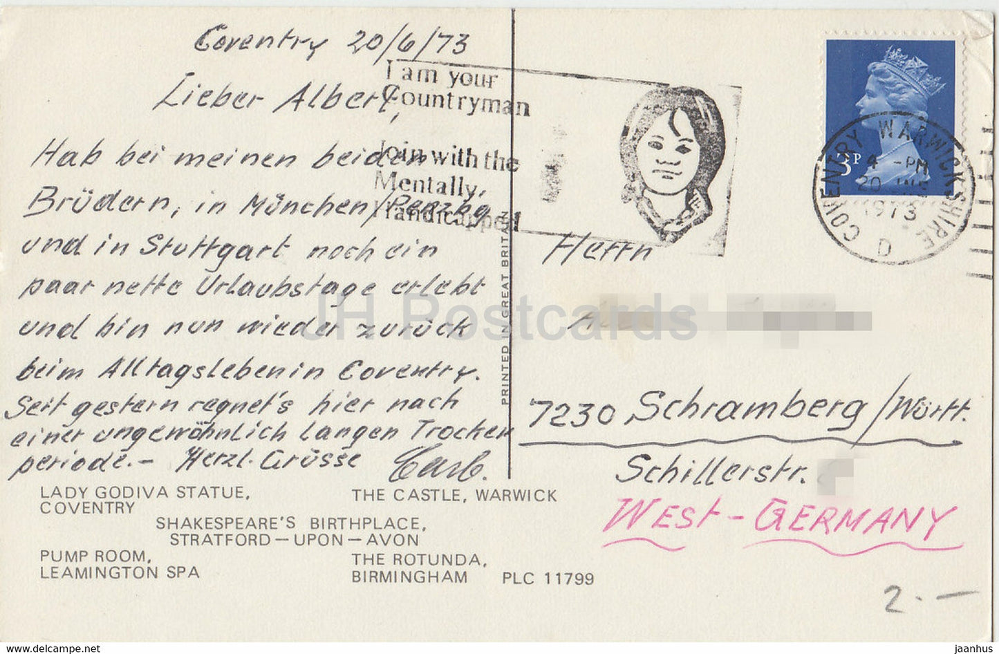 Grüße aus Warwickshire – Lady Godiva Statue – The Castle – Pump Room – 1973 – England – Vereinigtes Königreich – gebraucht