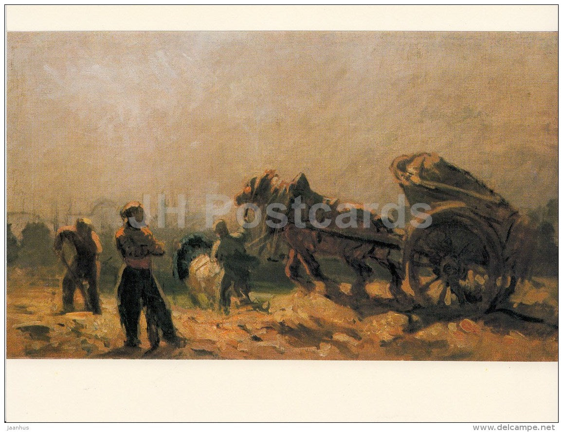 painting by Viktor Bravitius - Rubble Removers - horse carriage - Czech art - large format card - Czech - unused - JH Postcards