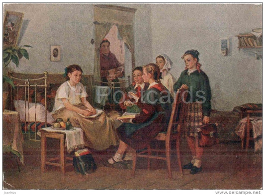 painting by A. Kirchanov - The patient girlfriend - girls - pioneer - russian art  - unused - JH Postcards