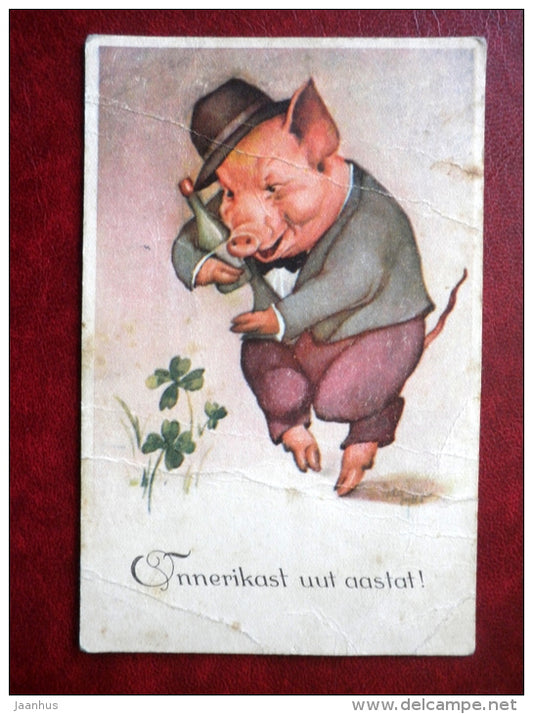 New Year Greeting Card - swine - pig - bottle - RTK 1 - circulated in 1934 - Estonia - used - JH Postcards