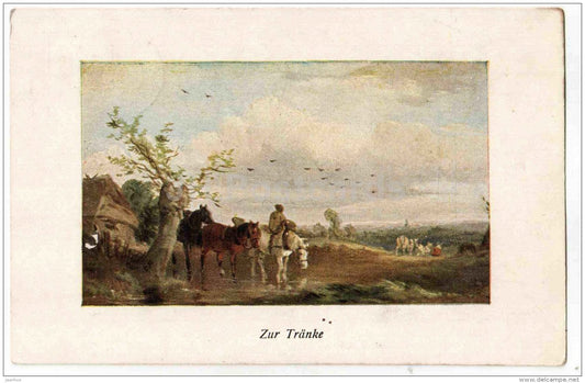 Zur Tränke - horses - illustration - T.S.N. - M. K. 811 - Germany - circulated in Estonia Kilingi-Nõmme 1926 - JH Postcards
