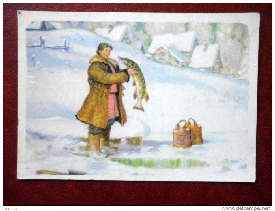 Russian Folk Tale - By the Pike's Wish - illustation by N. Kochergin - pike - man - 1957 - Russia USSR - unused - JH Postcards