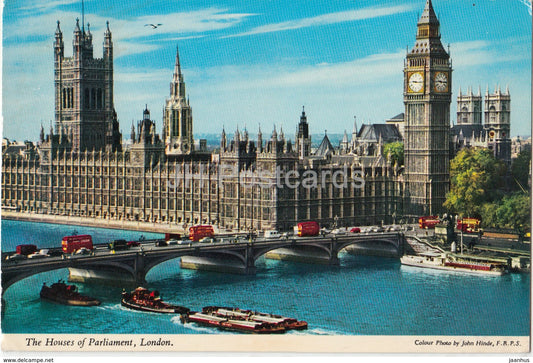 London - The Houses of Parliament and the river Thames - bus - bridge - 1976 - United Kingdom - England - used - JH Postcards