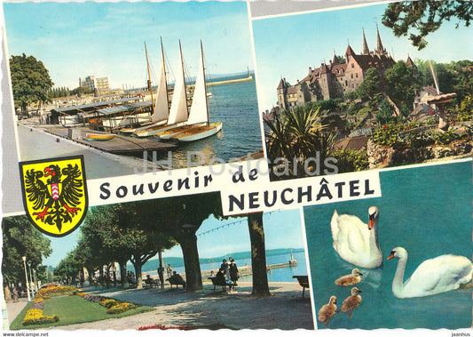 Souvenir de Neuchatel - Le Port - Hotel Beaulac - La Collegiale - Quai Osterwald - swan - 1970 - Switzerland - used - JH Postcards
