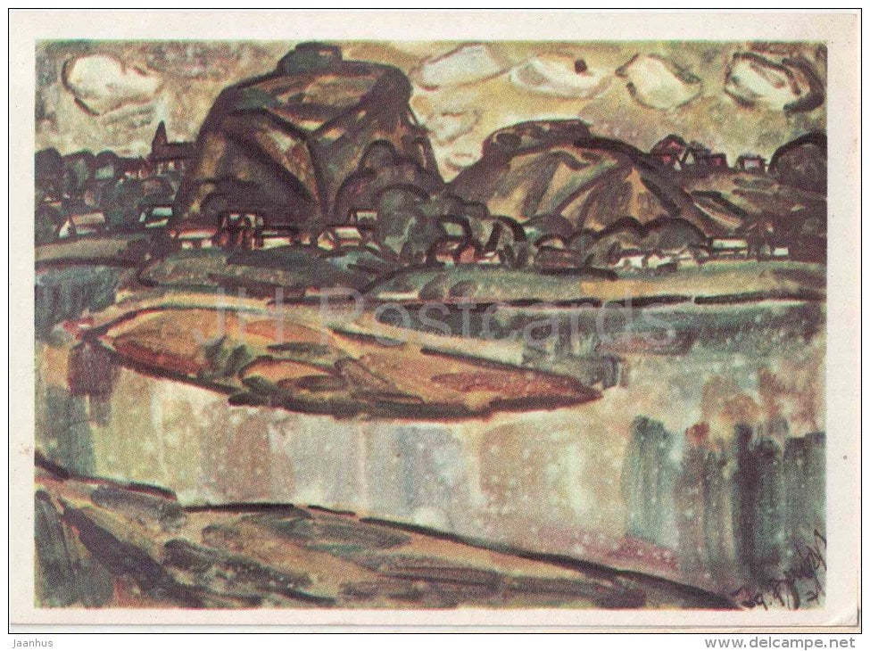 painting by I. Budris - New Zhemaitiya , 1971 - village - lithuanian art - unused - JH Postcards