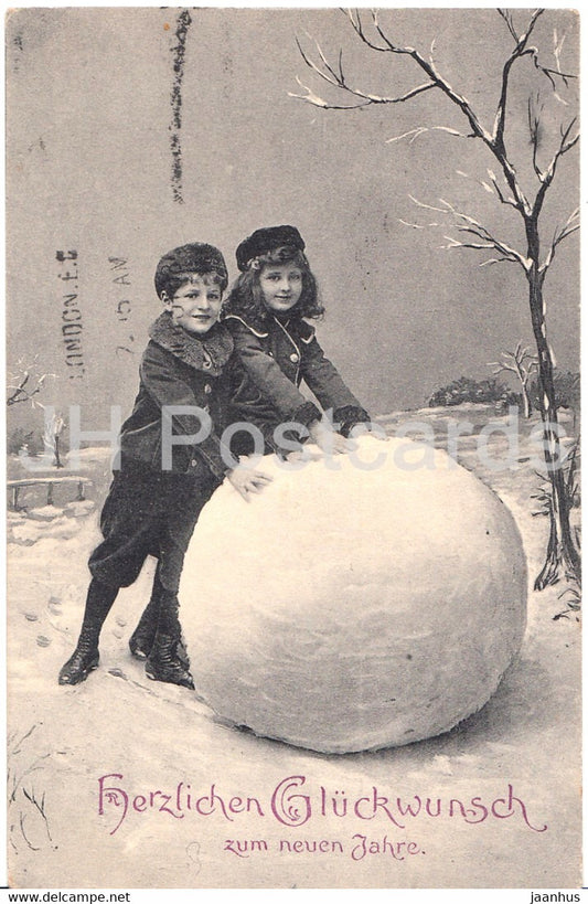 New Year Greeting Card - Herzlichen Gluckwunsch zum Neuen Jahre - children - old postcard - 1908 - Germany - used - JH Postcards
