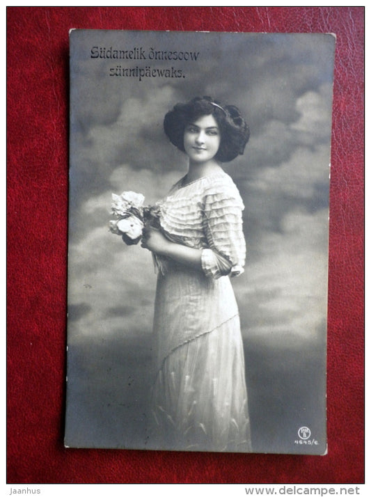 Birthday Greeting Card - lady with flowers - PMB 4645/6 - circulated in Tsarist Russia 1912 , Wesenberg , Estonia - used - JH Postcards