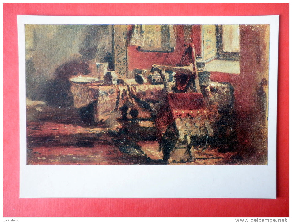 painting by Ilya Repin - Interior , 1883 - table - chair - russian art - unused - JH Postcards
