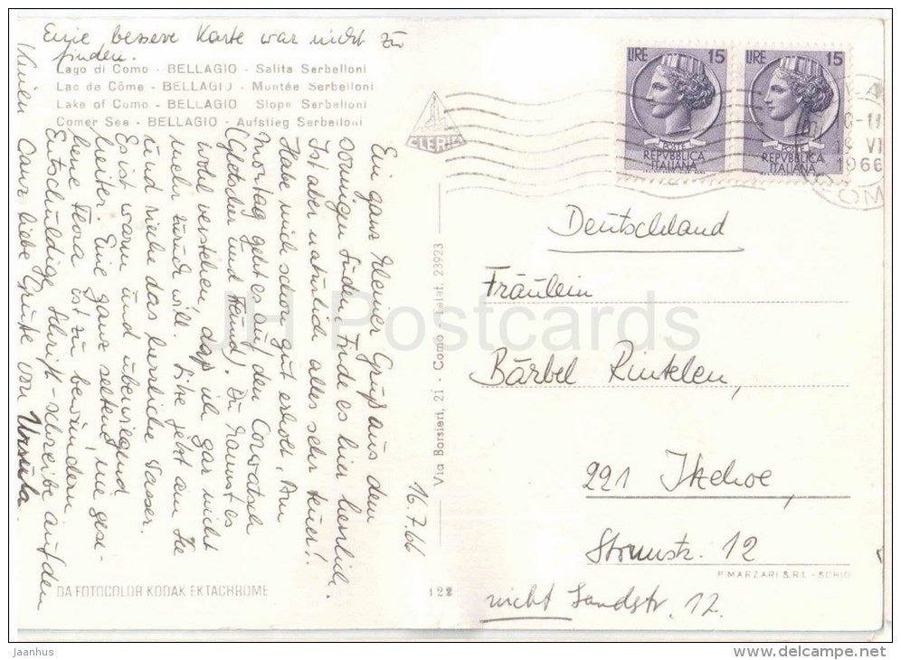 Salita Serbelloni - slope - Lago di Como - Bellagio - Lombardia - 122 - Italia - Italy - sent from Italy to Germany 1966 - JH Postcards