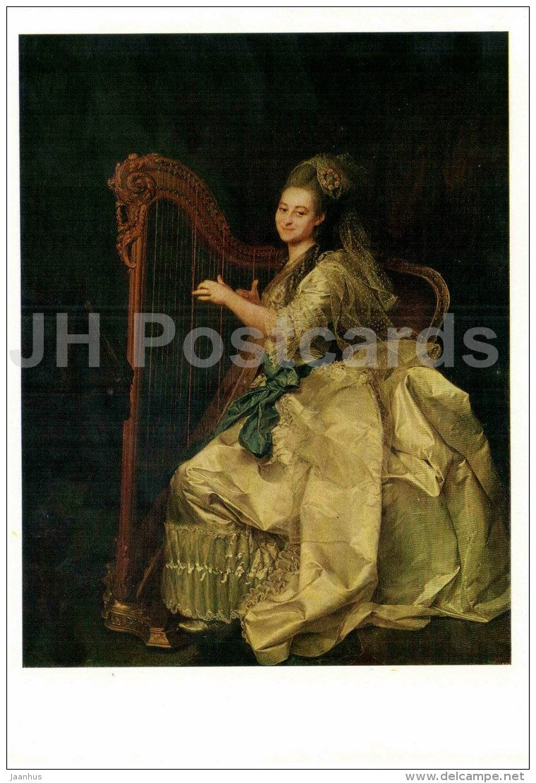 painting by D. Levitsky - Portrait of G. Alymova - harp - Russian art - large format card - 1990 - Russia USSR - unused - JH Postcards