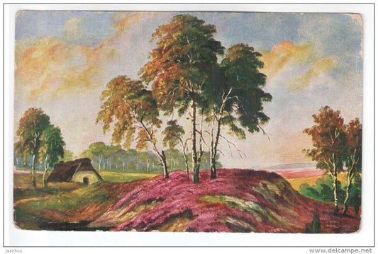 illustration - farmhouse , birch trees - WSSB 6868 - old postcard - circulated in Estonia 1930 , Tartu Tallinn - used - JH Postcards