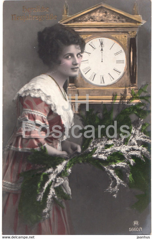 New Year Greeting Card - Herzliche Neujahrsgrusse - clock - woman - 5660/1 - old postcard - 1919 - Germany - used - JH Postcards