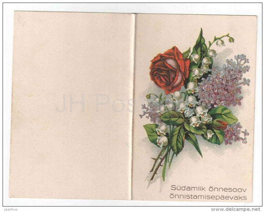 Greeting Card - Red Rose - Lilac - Lily-of-the-Valley - flowers - old postcard - circulated in Estonia - JH Postcards