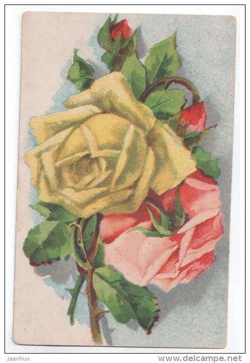 Birthday Greeting Card - flowers - roses - old postcard - unused - JH Postcards