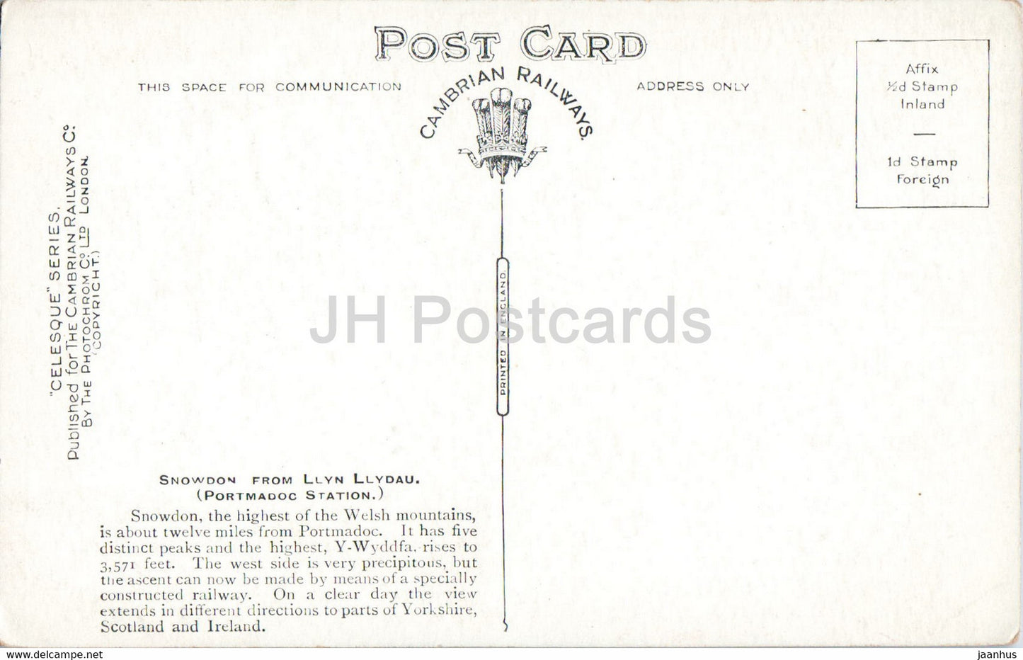 Snowdon de Llyn Llydau - Portmadoc Station - Celesque Series - carte postale ancienne - Pays de Galles - Royaume-Uni - inutilisé