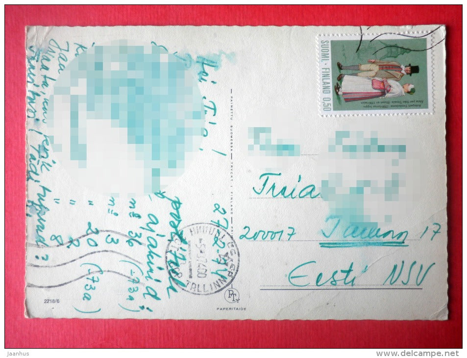 Christmas Greeting Card - winter view - house - 2218/6 - Finland - sent from Finland to Estonia USSR 1974 - JH Postcards