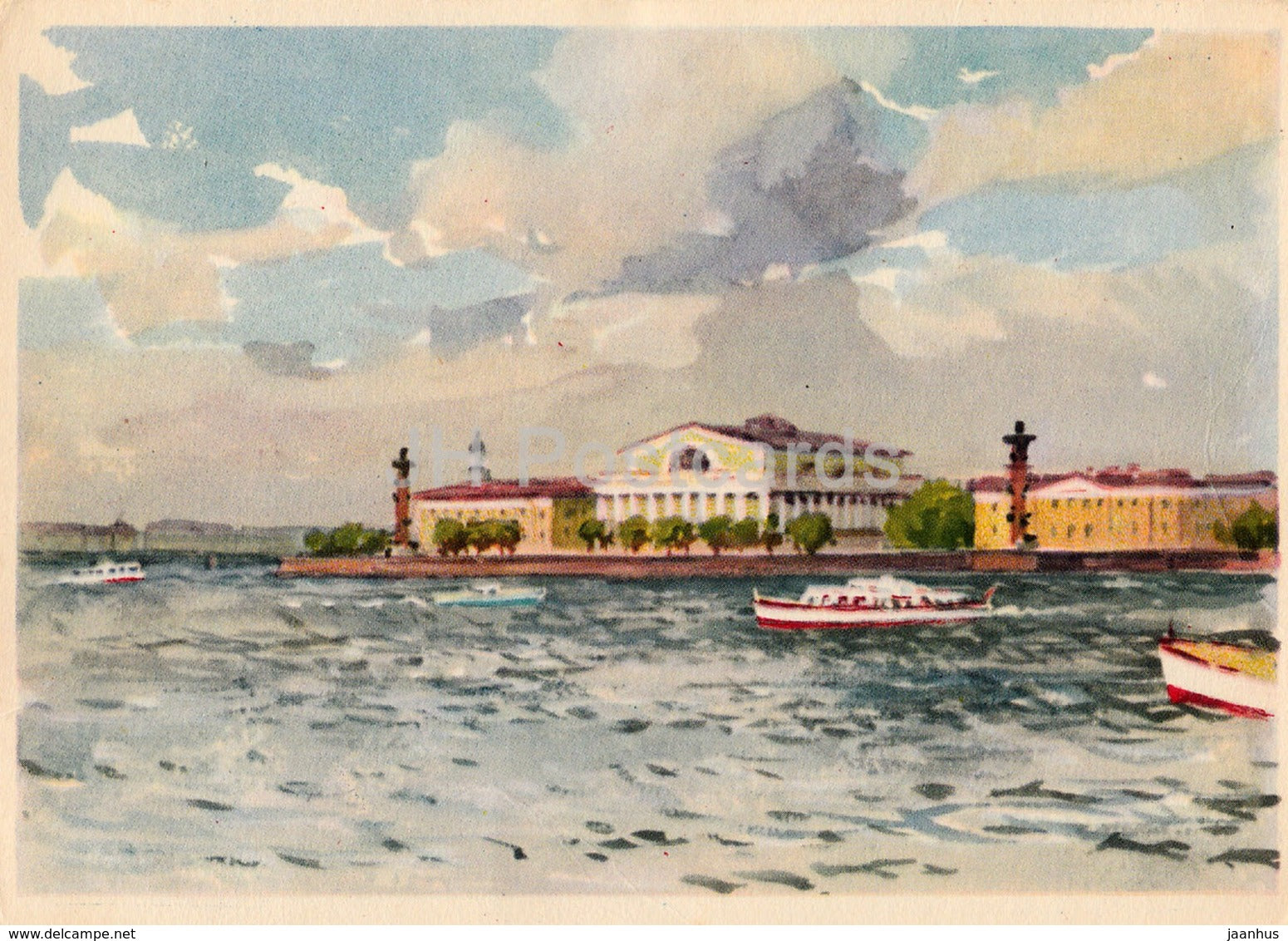 Leningrad - St. Petersburg - Spit of Vasilyevsky Island - illustration by K. Dzhakov - 1961 - Russia USSR - unused - JH Postcards