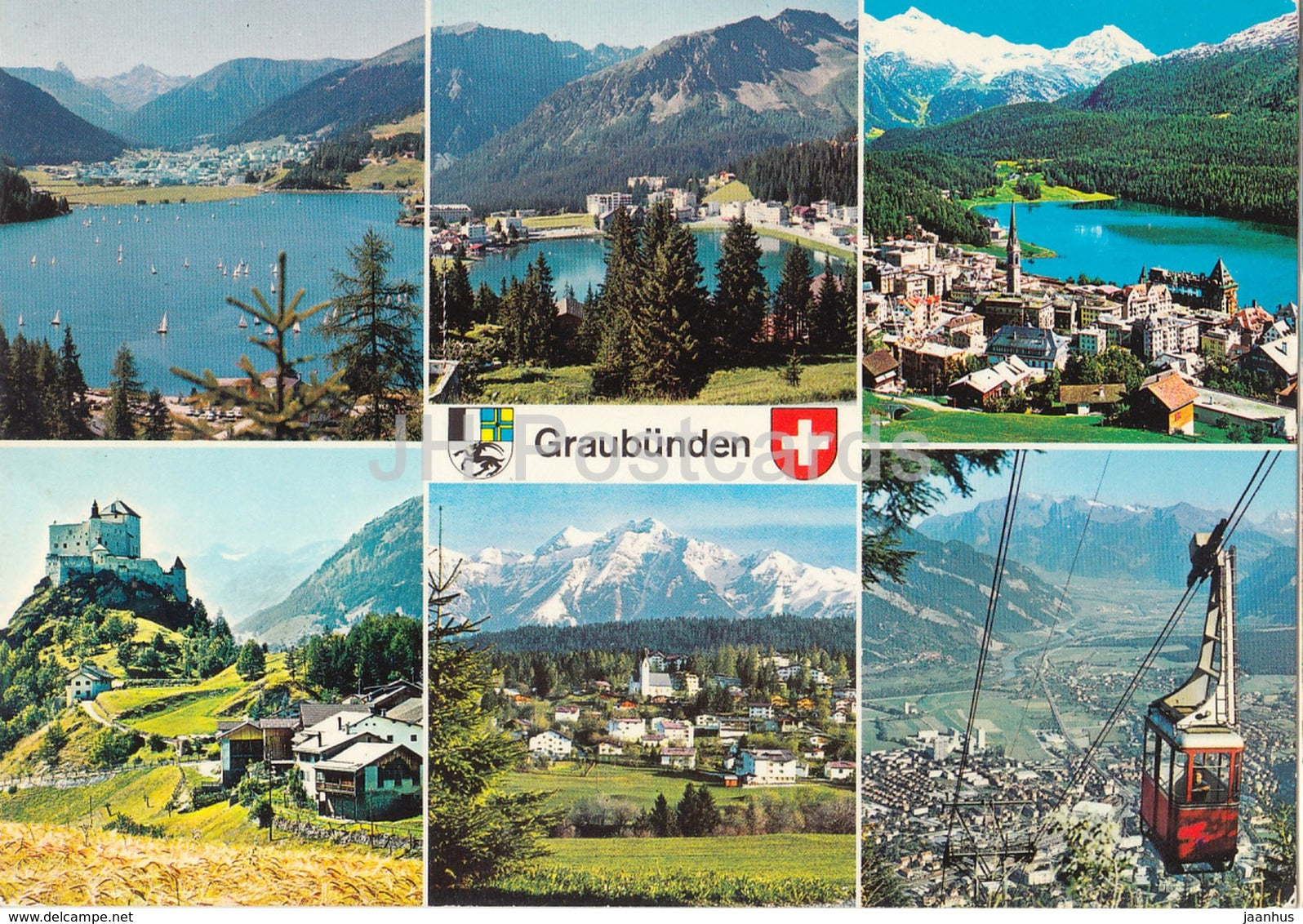 Graubunden - Davos - Arosa - St Moritz - Schloss Tarasp - Chur - cable car - multiview - 1975 - Switzerland - used - JH Postcards